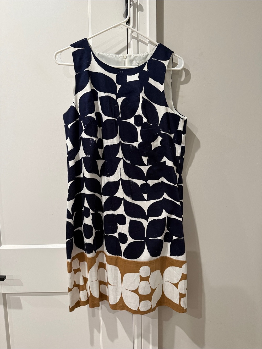 London Times Navy, White & Tan Floral Border Sleeveless Mini Dress